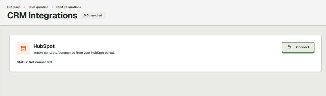 Rhythm Send CRM Integrations page showing the HubSpot “Connect” button