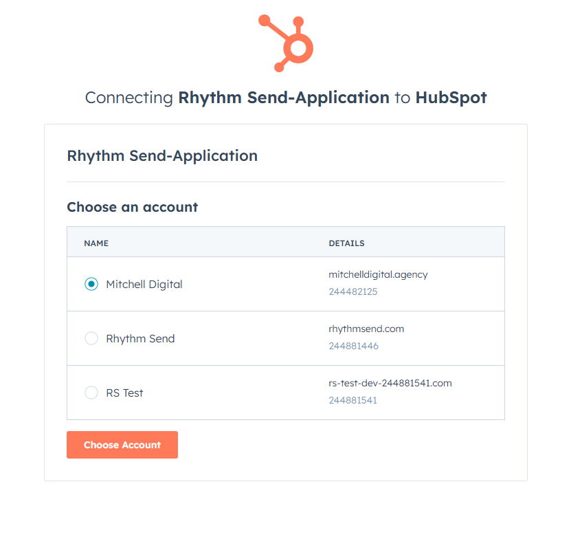 HubSpot account selection screen for connecting Rhythm Send-Application