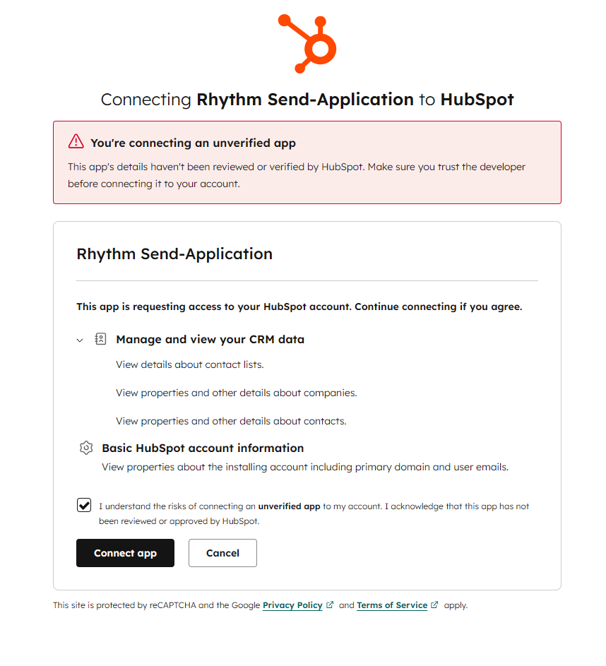 HubSpot permissions approval screen showing requested access for Rhythm Send-Application